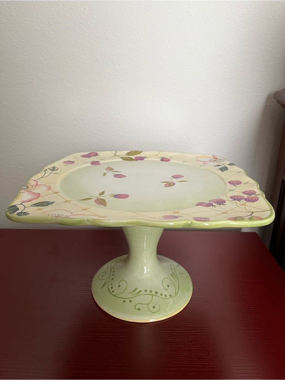 Tracy Porter Evelyn Collect Square Pedestal Cake Stand Hand Painted Raspberries